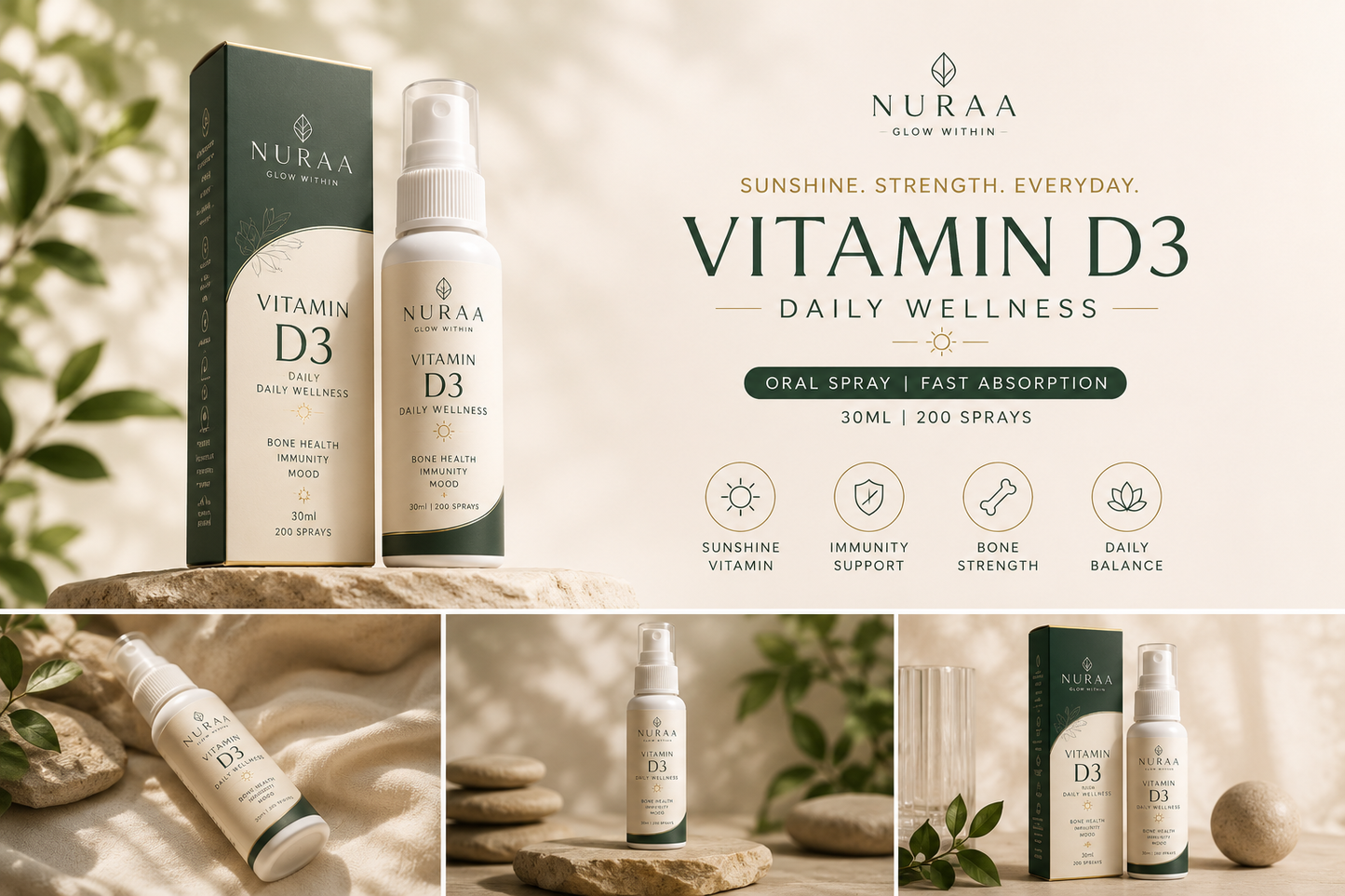NURAA Daily Wellness Spray – Vitamin D3 + K2 Oral Spray